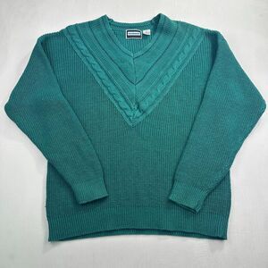 Vtg Green Cosby Sweater V-Neck chunky Cable Knit Pullover By Weekends mens Large